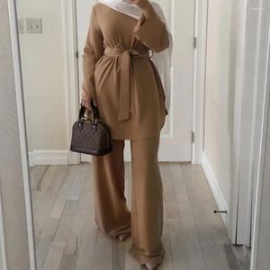 Etnik Giyim Türkiye Kadın Müslüman Abaya Günlük Uzun Kollu Bluz Geniş Bacak Pantolon 2 PCCS Set Kaftan Dubai İslam Arap Gowns Kıyafetler