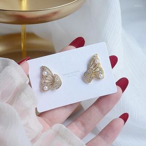 Stud Küpe Romantik 14K Gold parlak zirkon İnci Kelebek Gelin Mücevherleri Kız Arkadaşı Sürpriz Göndermek İçin Tarih