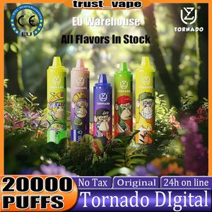 Original Uzy Digital Tornado 20000 Europe Warehouse Puff Puff 20k Puff 20000 Type-C Зарядка 25 мл предварительно заполненных POD-сигарет с батареей 12 вкусов 0% 2% 3% 5% Vape