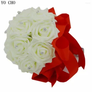 Dekoratif çiçekler el yapımı fildişi beyaz düğün buket kırmızı ipek kristal gelin rhinestone malzemeleri gül çiçek toptan satış