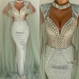 Luxury mermaid breitkleider Pailletten Crystals Perlen Design Hollow Tulle Cape Sweep Zug Backless Custom Made Plus Size Bridal Gown Vestidos de Novia