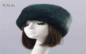 Темно -зеленая плоская крыша Y Снег Новый год Зимний плюшевый шляп с толстой шляпой Faux Fox Furry Cap Head Hepred Outdoor Hats Women Girl Men Y211119089134