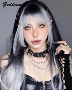 Parti Malzemeleri Gümüş Siyah Gradyan Lolita Gotik Cadı Anime Bangs Uzun Düz Saç Peruk Kadın Kızlar Harajuku Mine Örgü Cosplay