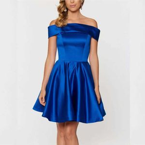 Temel gündelik elbiseler ucuz kısa saten mezuniyet elbiseleri mini omuzdan kraliyet mavisi balo elbisesi gece elbiseleri a-line nedime parti elbisesi t240510