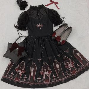 Sıradan elbiseler koyu gotik şeytan basılı elbise siyah japon tarzı lolita jsk Victoria askı loli seksi tatlı goth bandaj