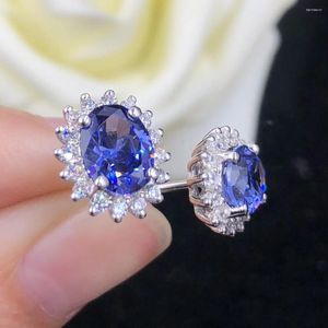 Saplama Küpe AU585 (Toplam 3CT) Her Oval Kesim Mavi Laboratuar Grown Sapphire Beyaz Altın Küpe 14K Takı E043