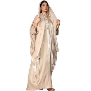 Etnik Giyim Sıcak Satıyor Parlak ipek saten Batwing slve hırka bornoz mütevazı Müslüman Dubai artı Boyut Kimono Açık Abaya Elbisesi Corban Eid Kadın T240510