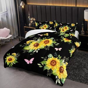 Yatak Setleri Siyah Ayçiçeği Yorgan Seti 1 ve 2 Yastık ile Tüm Mevsim Deseni için Set