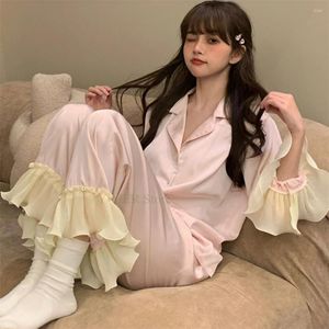 Ev Giyim Kadınlar Pembe Pijama Set Tatlı Lotus Yaprak Gömlekleri Rayon Homewear Kız Gevşek Nightwear Pijamalar 2pcs Kıyafet Salonu