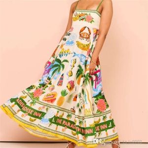 Women Dress Designer New Sexy Suspender Graffiti Cotton And Linen Printed Large Hem Dresses