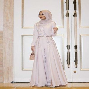 2022 Zarif Müslüman Tulum Söndürülebilir Etek ile Gece Elbiseleri Boncuklu Uzun Kollu Düğünler İçin Resmi Parti Önlükleri Arapça Dubai Prom 307t