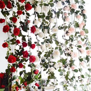 Dekoratif çiçekler 180cm yapay gül çiçek asma düğün gerçek dokunmatik ipek ev asılı çelenk dekor için yeşil yapraklar ile