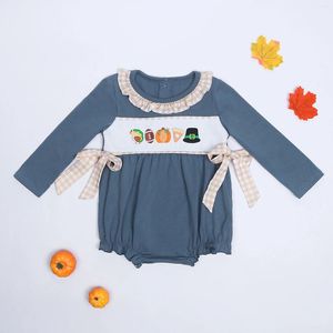 Giyim Setleri Yuvarlak yaka Dantel Bebek Romper Blue Bebek Kız Giysileri Kabak Nakışları Bir Parça Sonbahar Uzun Kollu Trottie Sulma