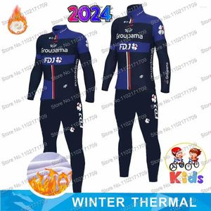 Racing Define Kids Inverno Térmico 2024 FDJ Jersey de ciclismo estabeleceu manga longa meninos e garotas de bicicleta de bicicleta de lã de lã de bike shirt de camisa