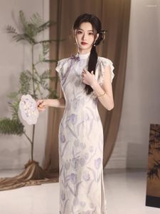 Etnik Giyim Çin Tarzı Genç Şifon Tulip Baskılı Cheongsam Üst düzey Zarif Gece Elbisesi Qipao