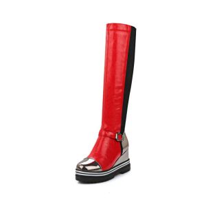 Botas Wedge Women Boots High Boots Plataforma Knee High Boots Girls Slip On Fashion Healt Heel Wedge Boot Red Black Casual Shoes Woman
