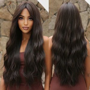Синтетические парики Easihair Long Brown Black Wavy Synthetic Wigs с Bang Natural Wave Hair Wig для чернокожих женщин ежедневно косплей теплостойкий волокно Y240401