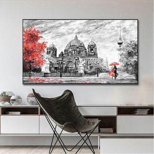 Dipinti Astratti Amanti che camminano per strada Pittura a olio stampata su tela Nordic Building Poster e stampe Wall Art Homefavor Dhr2X