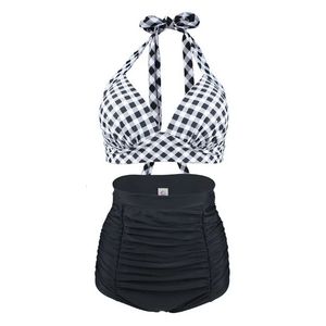 Plus Size Mulheres Halter Top Bikini Set Cintura Alta Push Up Swimsuit Xadrez Vintage Sexy Praia Banheira Swim Wear Retro XXL XXXL 240327