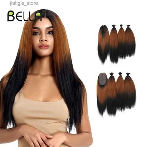 Sentetik peruklar yaki düz saç demetleri ombre demetler sentetik saç 4pcs/paket 18-22inch 245g demetler kapalı bella örgü saç y240401