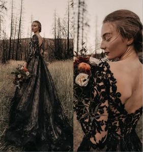 Gotik Tam Siyah Uzun Gelinlik Bir Çizgi Uzun Kollu V Boyun Mahkemesi Tren Vintage Bridal Gowns 2024 Artı Boy Boyun