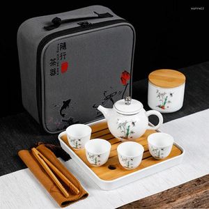 Наборы чайной посуды, элитный подарочный чайный сервиз, китайский дорожный портативный керамический чайник, чашка, один горшок, четыре чашки, инструменты для китайской церемонии