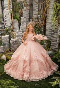 Pembe Çiçek Dantel Çiçek Kız Elbiseler Kabarık Prenses Katmanlı Pageant Elbise Çocuk Doğum Günü Balo Kıyısı Çocuk Kız Gece Elbise