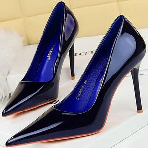 Elbise ayakkabıları kadın 9.5cm yüksek topuklu ayakkabılar pompalar kraliyet mavi ayak parmağı çıplak stiletto bayan parlak patent deri gece kulübü seksi fetiş