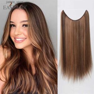 Sentetik peruklar sentetik saç uzatma görünmez tel saç s şeffaf tel ile uzun düz kahverengi balayage saç parçaları kadınlar için y240401