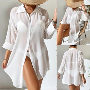 Kadın bluzları beyaz gömlek kadınlar mayo örtbası sarong plaj kıyafeti uzun kolu geri çevirin gevşek gevşek tunik pareo de plage plaj up