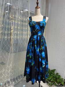 Moda feminina vestidos de passarela 100% algodão flor impressão festa vestidos pescoço quadrado sem mangas expansão