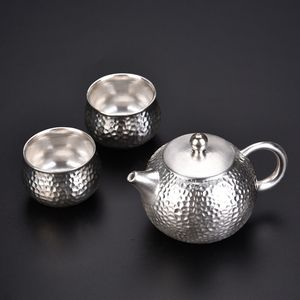 999 Sterling Gümüş Tea Set Set iki fincan bir tencere taş taşıt Japon tarzı çay fincan seramik hızlı konuk fincan taşınabilir