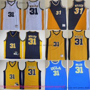 Klasik Retro Mitchellness Basketball 31 Reggiemiller Jersey Klasik Vintage Gerileme Dikişli Sarı Blue Beyaz Çizgi Formaları Nefes Alabilir Spor Gömlek
