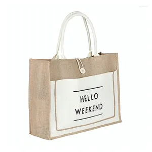 Подарочная упаковка 100 шт./лот, женская пляжная сумка с логотипом, экологически чистая прочная продуктовая рекламная сумка из мешковины для покупок с карманами