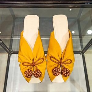 Pantofole Bowknot Donna Scarpe basse a punta aperta Donna Estate Esterno Scivoli da spiaggia stampati Sandali casual Boemia Ciabatte gialli