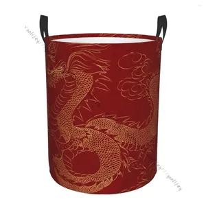 Çamaşır çantaları banyo sepet altın ejderha üzerinde kırmızı arka plan katlanır kirli giysiler engel çanta ev depolama