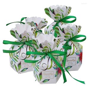 Подарочная упаковка 50 шт. Коробки конфет в форме вазы с узором в виде листьев на свадьбу, день рождения, вечеринку с украшением из зеленой ленты (зеленые листья)