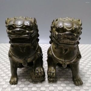 Dekoratif figürinler bir çift eski antikalar Çin bronz fu foo köpek vasisi aslan heykelleri