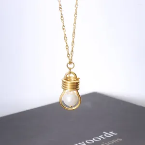 Ожерелья с подвесками в форме лампочки с подвесным искусственным жемчугом, титановая сталь с покрытием, 14-каратное золото, креативное ожерелье, ювелирные изделия