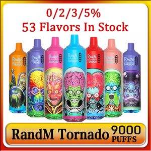Оригинальный Randm Tornado 9000 Puffs Vape Ondosable E Сигареты 0,8 Ом сетчатой катушкой 18 мл аккумуляторной батареи. Регулируемая электронная затяжка 9k Cigs 0% 2% 3% 5% Vape Pen 53 Flavors