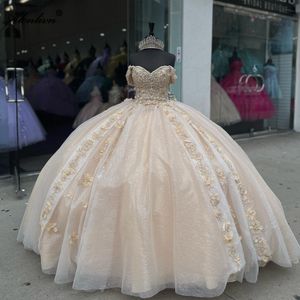 Champaghe renk tatlım balo elbisesi quinceanera kapalı omuz kolları boncuk inciler 3d çiçekler balo balo akşam partisi pageant doğum günü önlük elbise