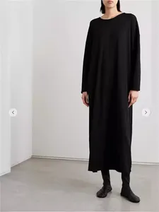 Sıradan Elbiseler Kadın Siyah Silhouette Gevşek Elbise Uzun Kollu Kadın Basit Yuvarlak Boyun Midi Cüppeler 2024 Bahar