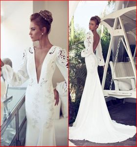 Nurit Hen 2014 Gelinlik Çok Seksi Derin V Boyun Boyun Boyu Uzun Kollu Açık Arka Elbise Mahkeme Tren Modern Dantel Gelin Gowns5582547