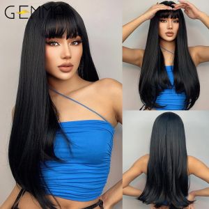 Wigs Gemma Cosplay Long прямые черные синтетические парики с челкой для женщин афроамериканская лолита ежедневная вечеринка теплостойкость