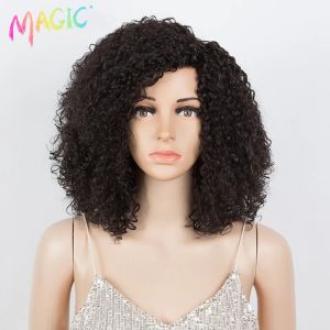 Peruklar sihirli 16 inç sentetik peruklar afro kinky kıvırcık peruk yan kısım doğa siyah kadınlar için siyah kıvırcık peruk ısıya dirençli saç