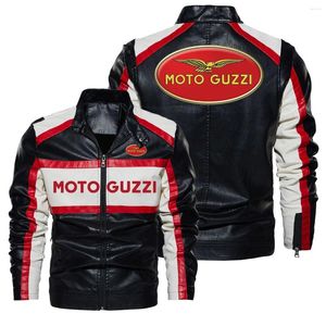 Erkek Ceketler Moto Guzzi Logo Kontrastı PU Deri Ceket Erkekler Sonbahar Motosiklet Erkek Stand Yakası Rahat Windbreaker Ropa De Hombre Coa