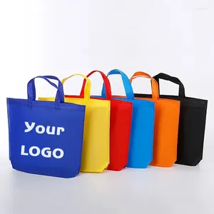 Подарочная упаковка 500 шт./лот, оптовая продажа, индивидуальная сумка для покупок с принтом логотипа, хорошее качество, экологически чистая сумка из нетканого материала, ручка