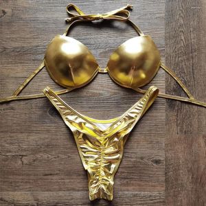 Kadın Mayo Vikinii 2024 Sexy Push Up Bikinis Set Kadın Plaj Giyim Üstü Altın Kadın High Cut Swimsuits