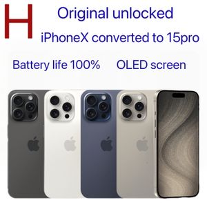 Оригинальный разблокированный подлинный iPhone X в iPhone 15 Pro Style Phone 4G LTE разблокирован с 15 смартфоном Pro Box с 156 ГБ ROM OLED со смартфоном с батареей 100% сроком службы