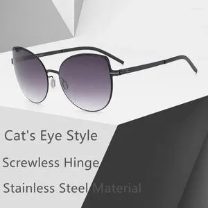 Güneş gözlüğü vidasız kadın erkekler kedi göz tarzı paslanmaz çelik marka tasarımcısı süper ışık çerçevesi UV400 koruma gözlük